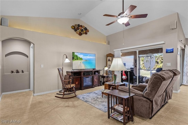 tiled living room with high vaulted ceiling and ceiling fan