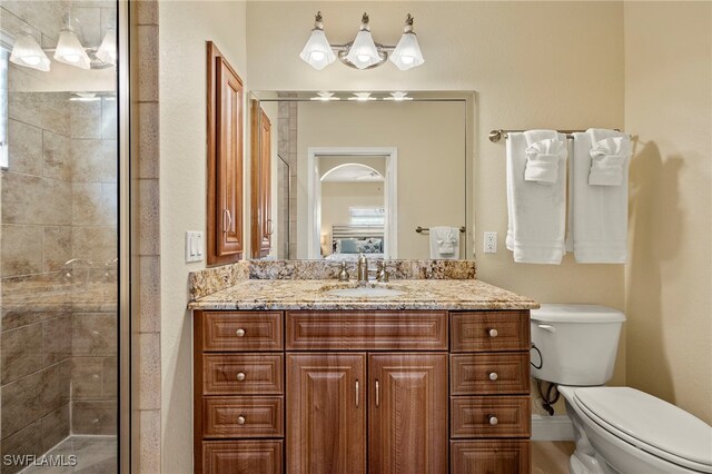 bathroom featuring vanity, toilet, and a shower with door