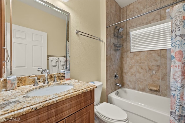 241 Pearl St, Fort Myers Beach, FL 33931 - full bath with vanity, toilet, a textured wall, and shower / tub combo with curtain