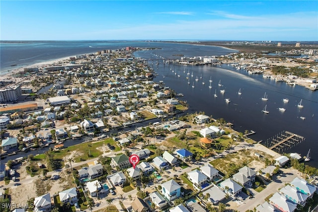 bird's eye view with a water view