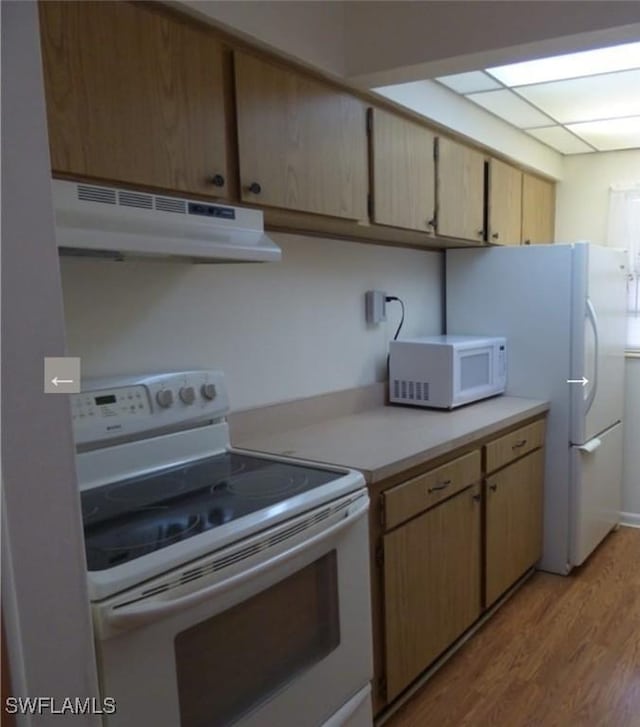 kitchen featuring white appliances and light hardwood / wood-style flooring