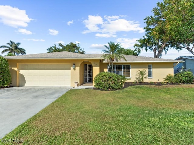 single story home featuring a garage and a front yard