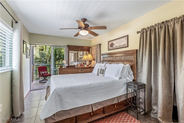 tiled bedroom with access to outside and ceiling fan