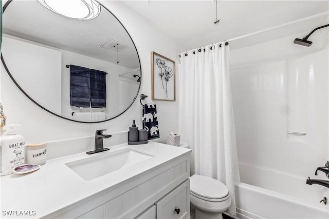 full bathroom with vanity, shower / bathtub combination with curtain, and toilet