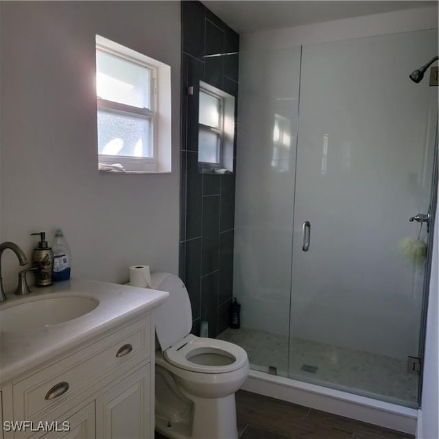 bathroom featuring vanity, toilet, wood-type flooring, and a shower with door