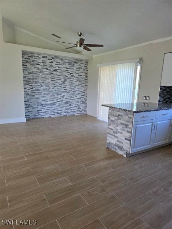 kitchen featuring wood finish floors, visible vents, ceiling fan, and dark stone countertops