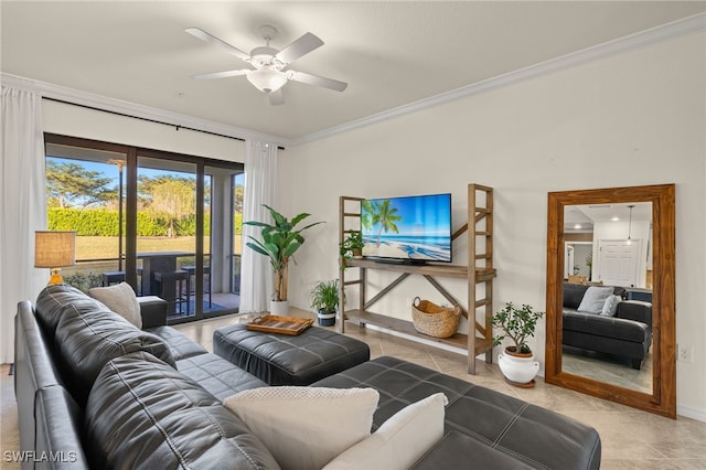 tiled living room with ceiling fan and ornamental molding