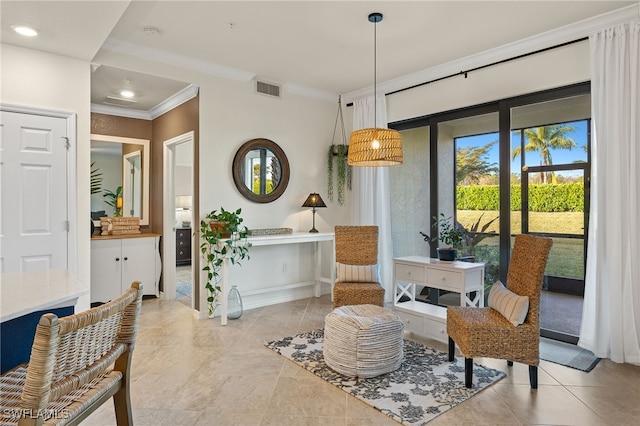 living area featuring light tile patterned floors and crown molding