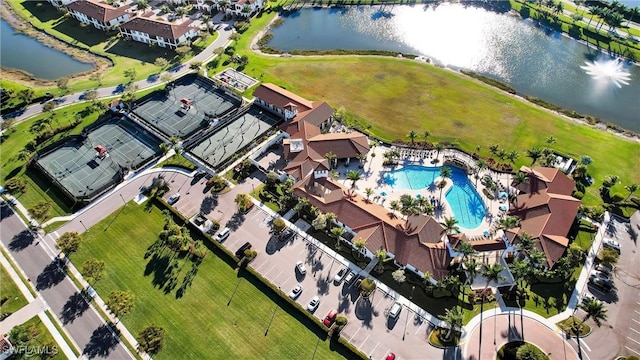 aerial view featuring a water view