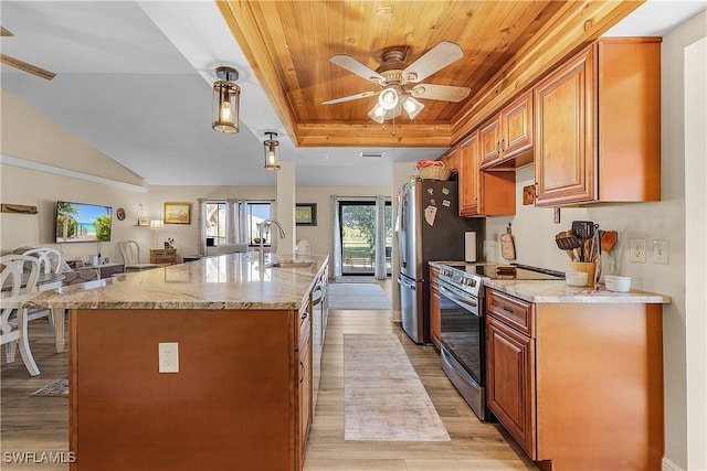 kitchen featuring light stone countertops, sink, appliances with stainless steel finishes, and light hardwood / wood-style flooring