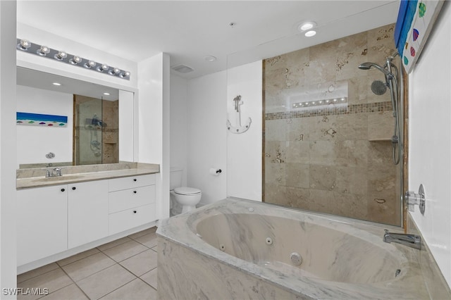 full bathroom featuring tile patterned floors, vanity, toilet, and shower with separate bathtub