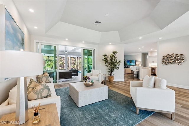 living room featuring a tray ceiling and wood-type flooring