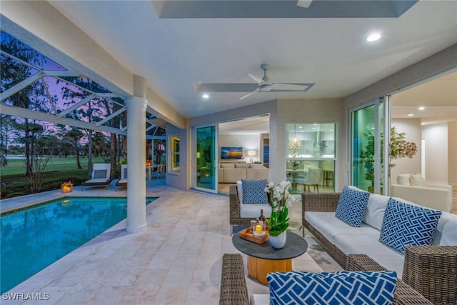 view of pool featuring ceiling fan