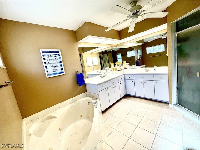 bathroom featuring tile patterned flooring, vanity, and independent shower and bath