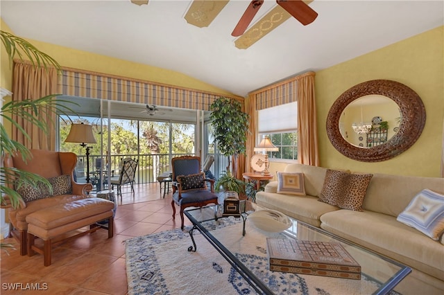 tiled living area with lofted ceiling and a ceiling fan