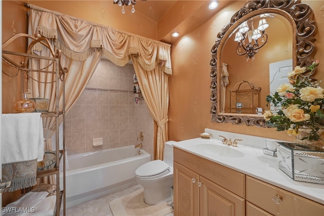 10801 Crooked River Rd Unit 203, Estero, FL 34135 - bathroom with toilet, tile patterned floors, an inviting chandelier, shower / bath combo with shower curtain, and vanity