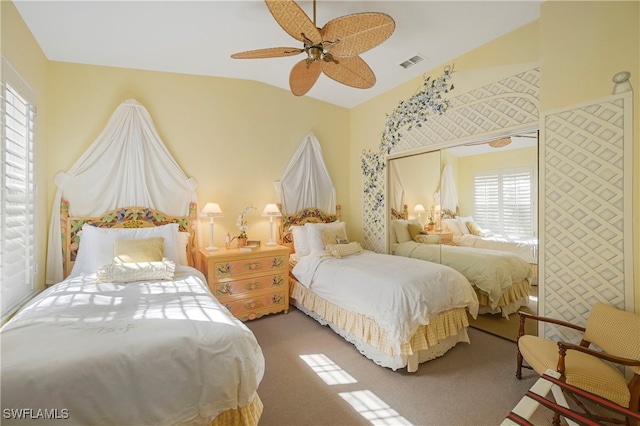 10801 Crooked River Rd Unit 203, Estero, FL 34135 - bedroom with lofted ceiling, visible vents, ceiling fan, and carpet flooring