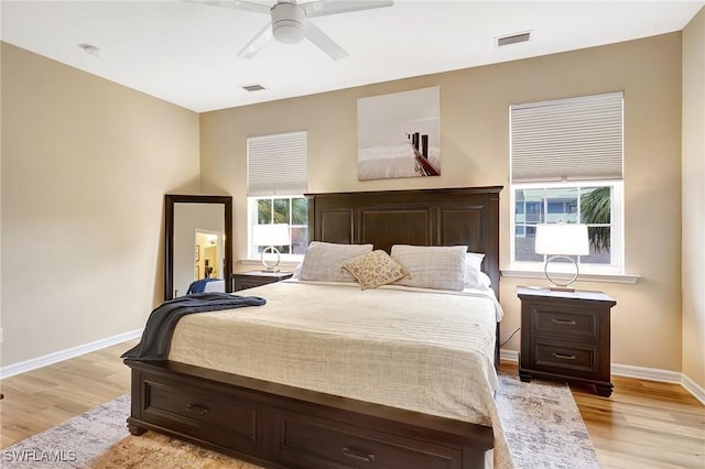 bedroom featuring ceiling fan and light hardwood / wood-style floors