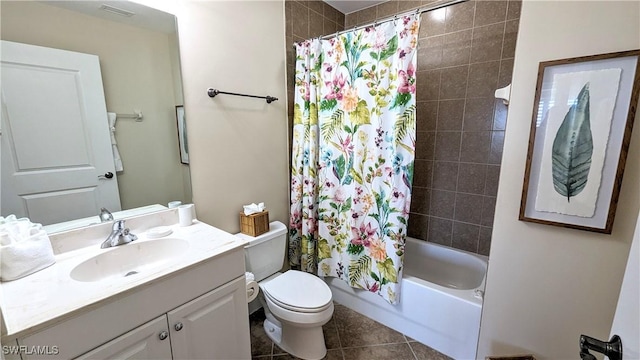 full bathroom with tile patterned flooring, vanity, toilet, and shower / bathtub combination with curtain