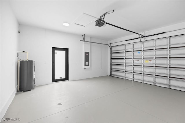 garage with electric water heater, electric panel, and a garage door opener