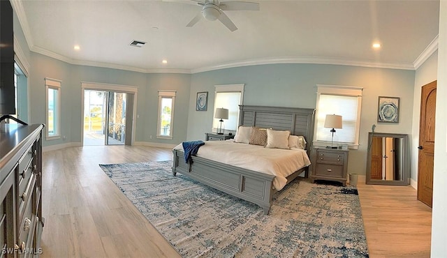 bedroom featuring ceiling fan, light wood-type flooring, crown molding, and access to outside