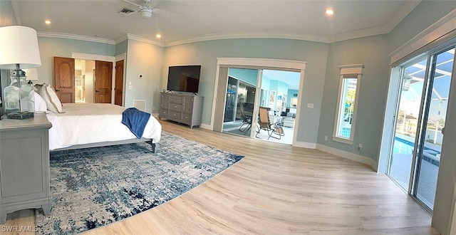 bedroom featuring crown molding, access to outside, light wood finished floors, and baseboards