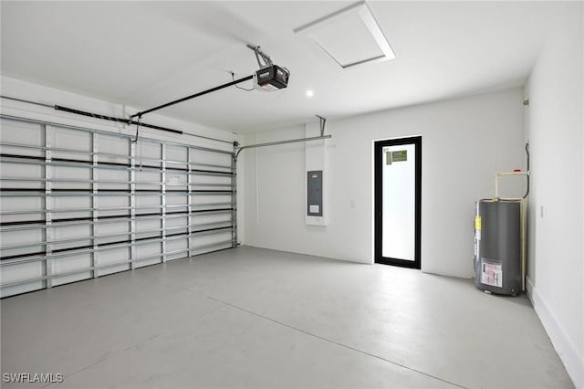 garage with electric panel, a garage door opener, and water heater