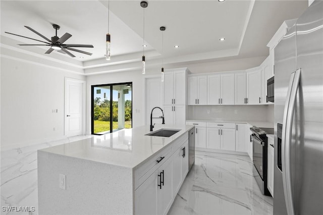 kitchen featuring a raised ceiling, sink, appliances with stainless steel finishes, and an island with sink