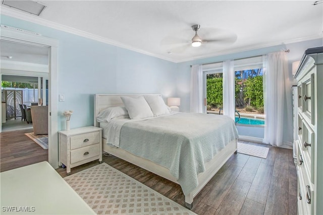 bedroom with access to exterior, ceiling fan, crown molding, and dark hardwood / wood-style floors