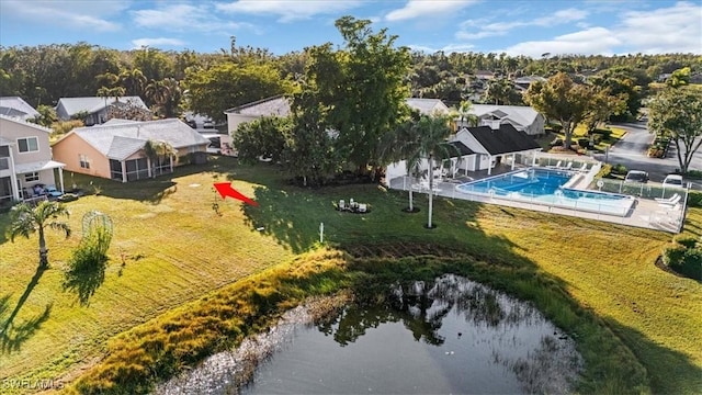 drone / aerial view with a water view