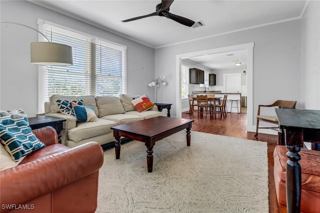 living room featuring wood-type flooring, ceiling fan, and crown molding