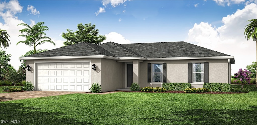 ranch-style home featuring a garage and a front lawn