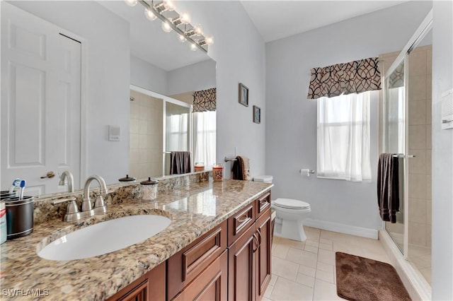 bathroom with tile patterned floors, vanity, toilet, and a shower with shower door