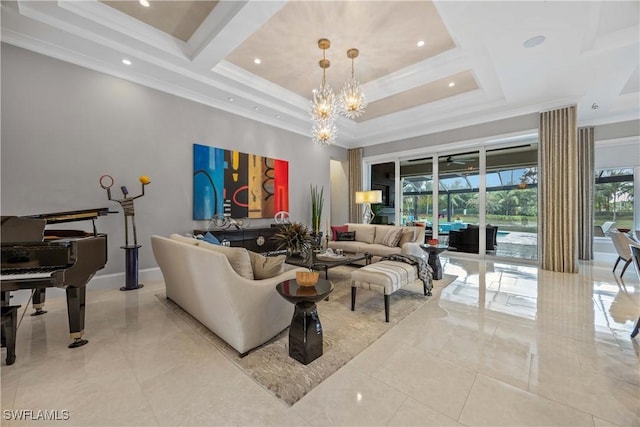 tiled living room with a raised ceiling, crown molding, and an inviting chandelier