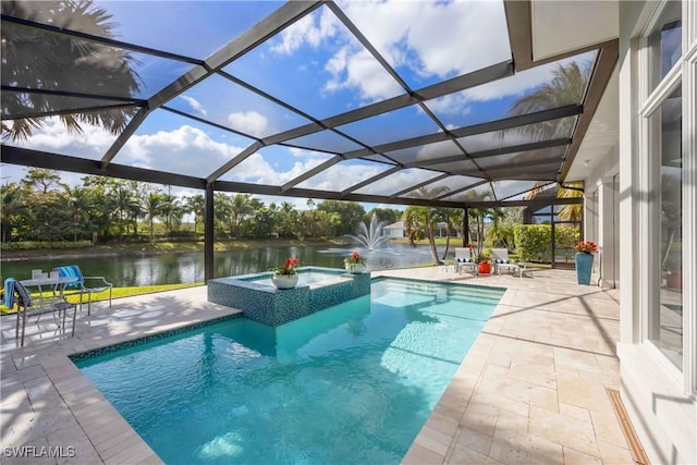 view of pool featuring a patio, a water view, and a lanai