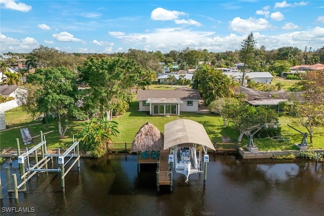 drone / aerial view featuring a water view