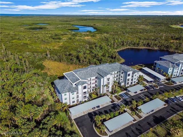 drone / aerial view with a water view