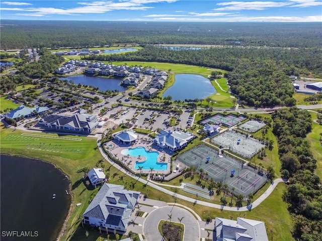 bird's eye view with a water view