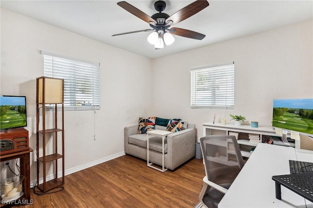 office space featuring hardwood / wood-style floors and ceiling fan