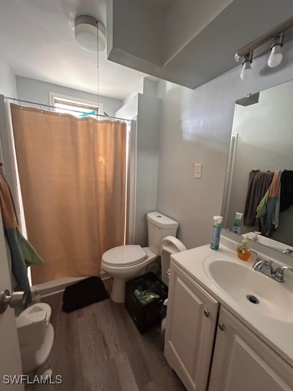 bathroom with hardwood / wood-style floors, vanity, toilet, and walk in shower