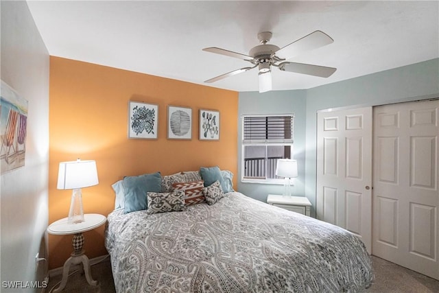 bedroom with carpet flooring, a closet, and ceiling fan