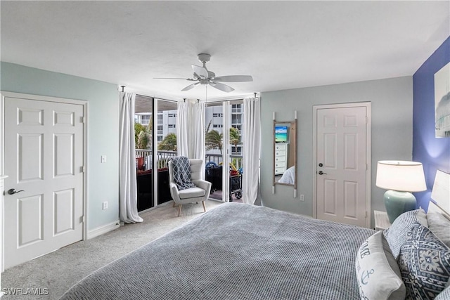 carpeted bedroom with ceiling fan and access to exterior