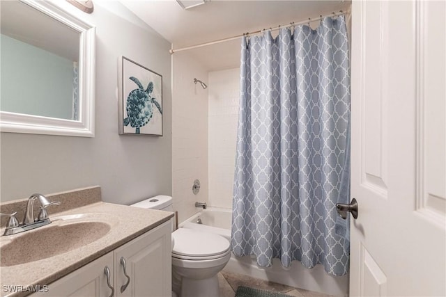 full bathroom with tile patterned flooring, vanity, shower / bath combination with curtain, and toilet