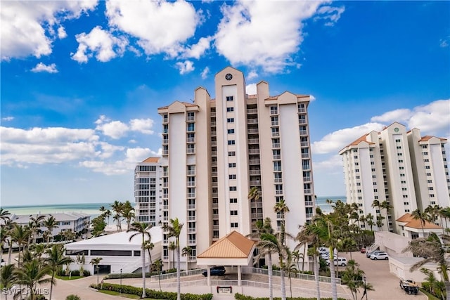 view of building exterior featuring a water view