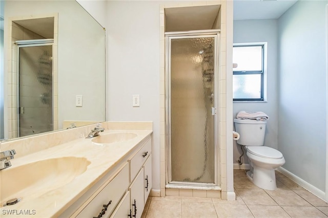 bathroom featuring tile patterned flooring, vanity, and a shower with shower door