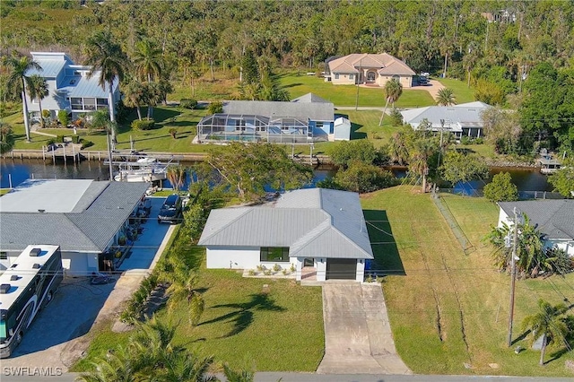 aerial view featuring a water view