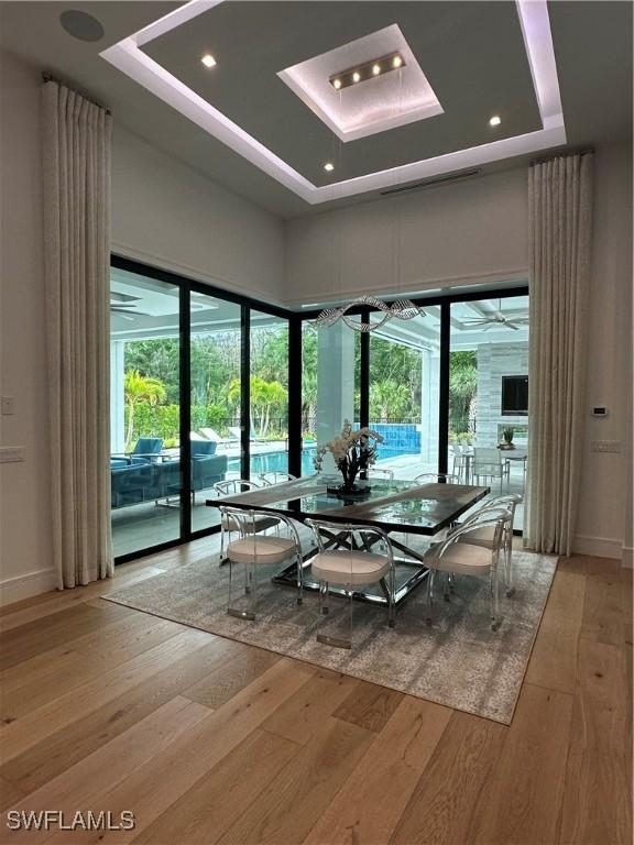 unfurnished dining area with a raised ceiling and light hardwood / wood-style flooring