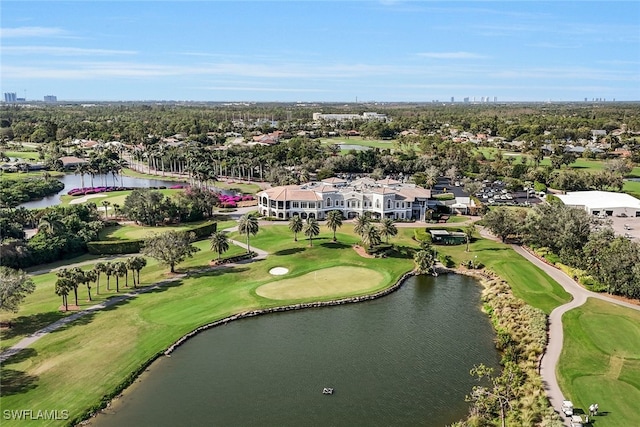 birds eye view of property featuring a water view and view of golf course