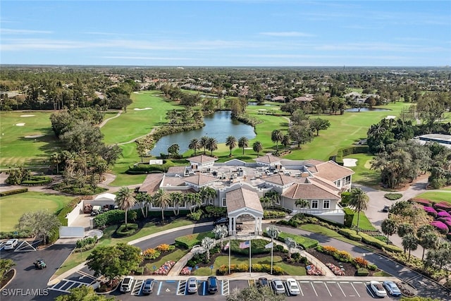 bird's eye view featuring view of golf course and a water view