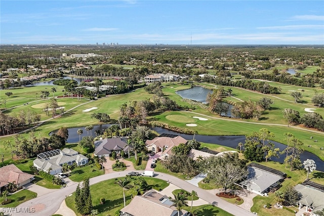 bird's eye view featuring a residential view, a water view, and view of golf course